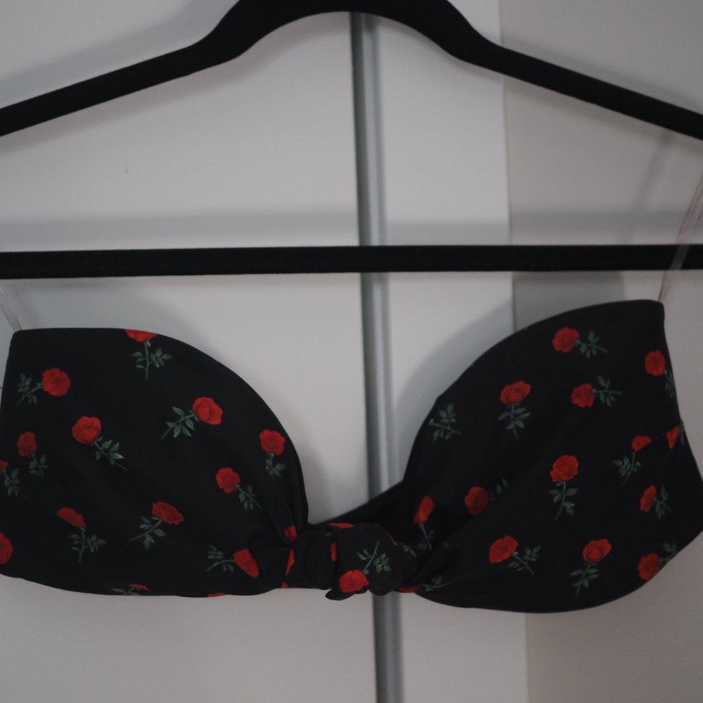 Knot Front Floral Black Bandeau Bikini Top Size M